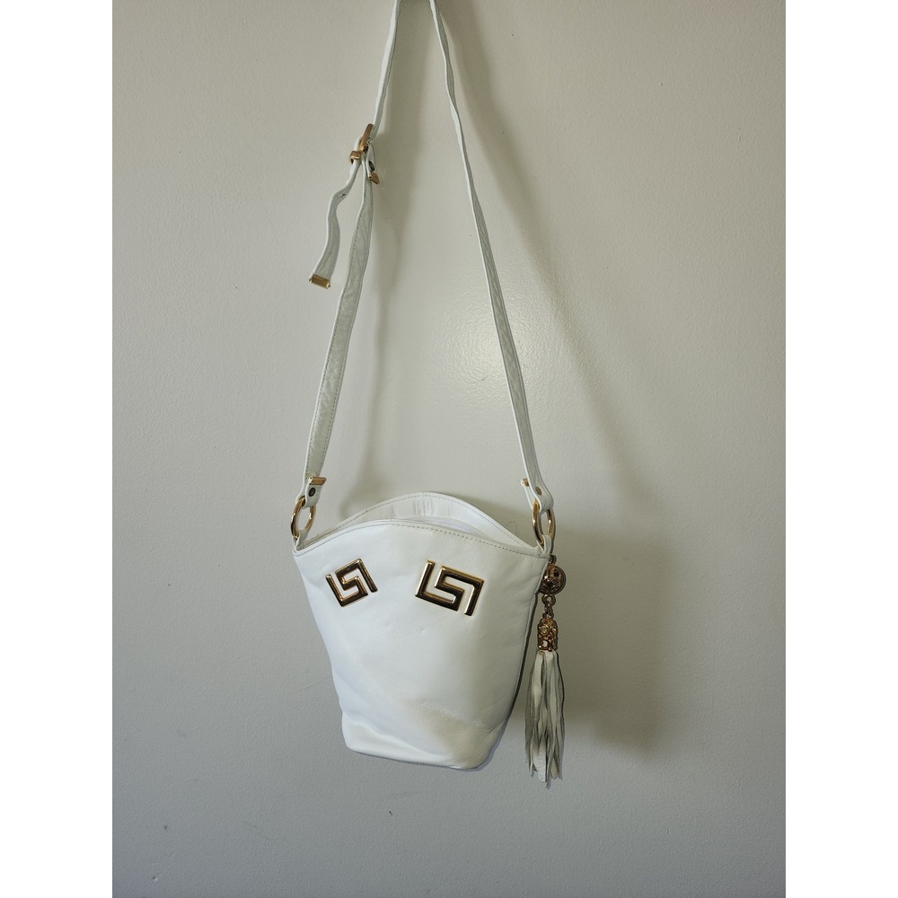 Vintage Bags by Pinky White Genuine Leather Crossbody Bucket Bag USA 80s 90s